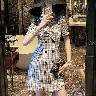 Short-sleeve Plaid Double Breast Dress