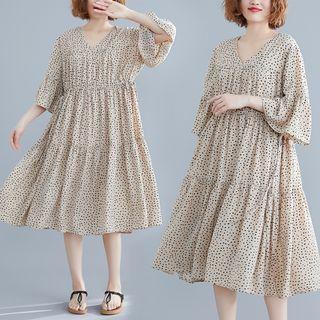 Elbow-sleeve Dotted A-line Tiered Dress