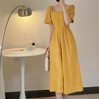 Short-sleeve Cold Shoulder Slit Midi A-line Dress