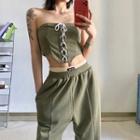 Set: Lace-up Cropped Tube Top + Loose Fit Pants