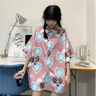 Elbow-sleeve Heart Print Chain-accent Shirt