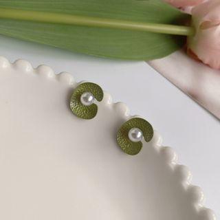 Faux Pearl Ear Stud 1 Pair - S925silver Geometry Earrings - Green - One Size