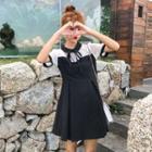Bow Accent Color Panel Short Sleeve A-line Dress