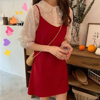 Elbow-sleeve Shirt / Spaghetti Strap A-line Mini Dress