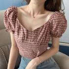 Plaid Short-sleeve Blouse Plaid - Red - One Size