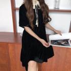 Short-sleeve Tie-back Velvet Dress Black - One Size