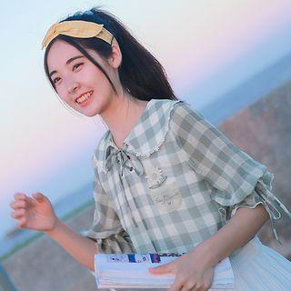 Flower Embroidered Plaid Elbow Sleeve Blouse