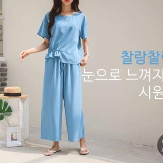 Set: Asymmetric-hem Top + Wide-leg Pants