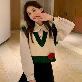 V-neck Contrast Trim Cropped Vest / Long-sleeve Peter Pan-collar Shirt