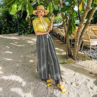 Lace-hem Pattern Pants With Sash