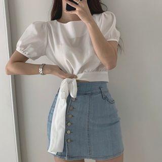 Plain Puff Sleeve Tie-waist Blouse
