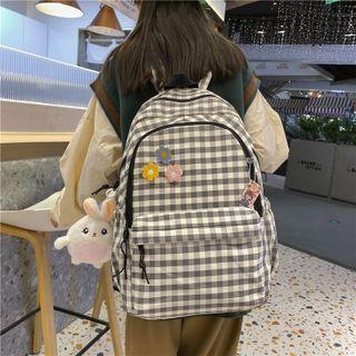 Gingham Nylon Zip Backpack / Bag Charm / Brooch / Set