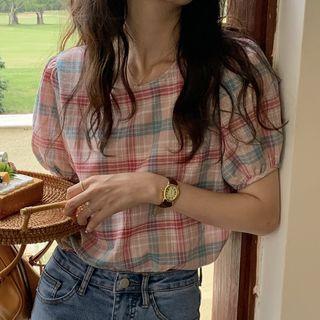 Short-sleeve Plaid Blouse Plaid - Pink - One Size