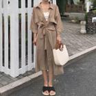 Open-front 3/4-sleeve Tie Waist Long Jacket