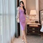 Puff-sleeve Leaf Print Panel Sheath Dress