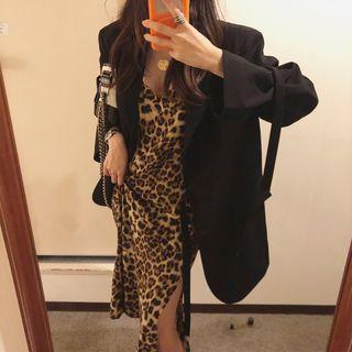 Spaghetti Strap Asymmetric Leopard Print Midi Dress As Shown In Figure - One Size