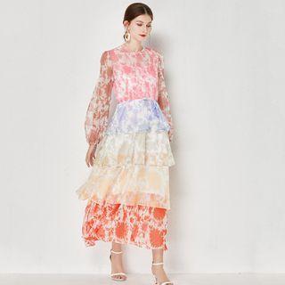Long-sleeve Floral Midi Tiered Dress