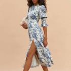 Puff Sleeve Mock Neck Side Vent Dress