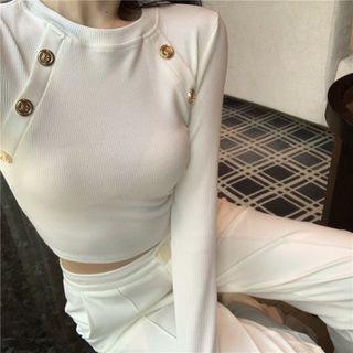 Long-sleeve Button Detail Crop Top