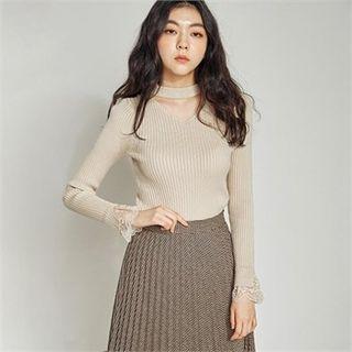 Cutaway-neck Lace-cuff Knit Top Beige - One Size