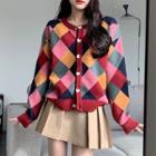 Color Block Argyle Cardigan Red & Pink & Gray - One Size