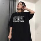 Elbow-sleeve Letter T-shirt Black - One Size