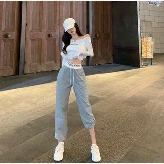 Long-sleeve Off-shoulder Lettering Crop Top / Camisole Top / Sweatpants / Set
