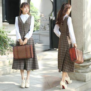 Lace Trim Long-sleeve Shirt / Check V-neck Midi Pinafore Dress
