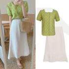 Short-sleeve Dotted Top / A-line Midi Skirt / Set