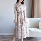 Floral Elbow-sleeve Maxi Chiffon Dress