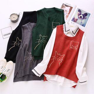Cat Embroidered Round-neck Knit Vest