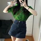 Short-sleeve Cardigan / Denim Mini A-line Skirt