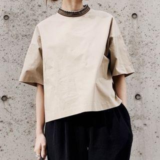 Short-sleeve Lace Trim T-shirt Almond - One Size