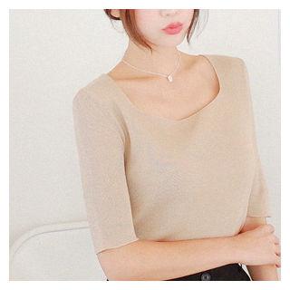 Square-neck Elbow-sleeve Knit Top