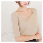 Square-neck Elbow-sleeve Knit Top