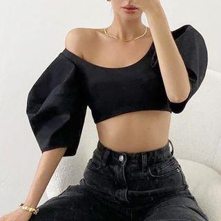 Puff Sleeve Off-shoulder Plain Crop Top