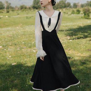 Set: Lace Trim Blouse + Midi Overall Dress