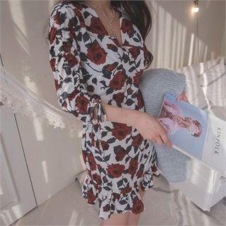 Wrap-front Ruffle-hem Floral Mini Dress