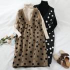Set: Turtleneck Long-sleeve Knit Top + Dotted Sleeveless Knit Dress