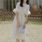 Bell-sleeve Top / Floral Midi A-line Overall Dress / Set