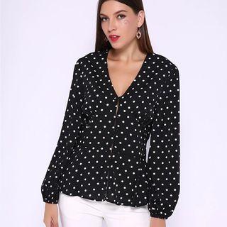 Puff Sleeve V Neck Polka Dot Chiffon Blouse
