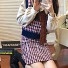 Plain Blouse / Houndstooth Knit Vest / Mini A-line Skirt