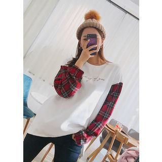 Tall Size Check-sleeve Fleece-lined T-shirt