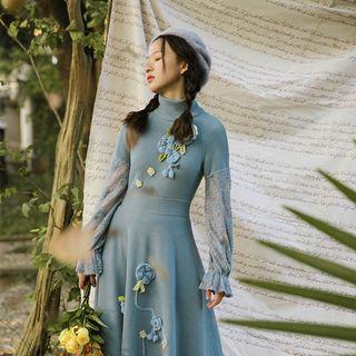 Long-sleeve Panel Knitted A-line Dress