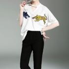Cut Out Front Tiger Embroidered Elbow Sleeve Top