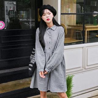 Half-placket Bishop-sleeve Check Shirtdress