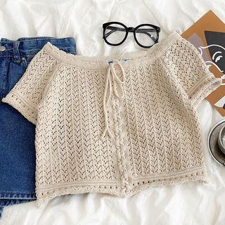 Short-sleeve Lace Up Cropped Knit Top Almond - One Size
