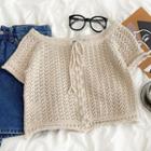 Short-sleeve Lace Up Cropped Knit Top Almond - One Size