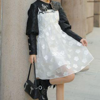 Bow Detail Crop Shirt / Flower Detail Letter Embroidered Overall Dress