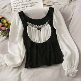 Patchwork Slim-fit U-neck Top Black - One Size